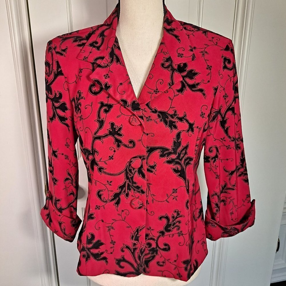 Dress Barn Size Small Red Blazer w/Black Sparkle Button Front Cuffed Sleeves